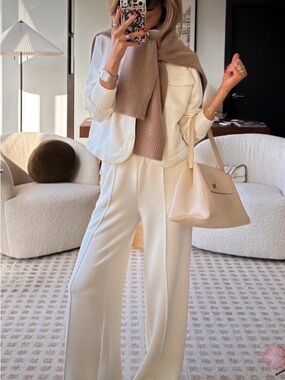 Varley Cream Wide-Leg Trousers with Beige Knit Accent